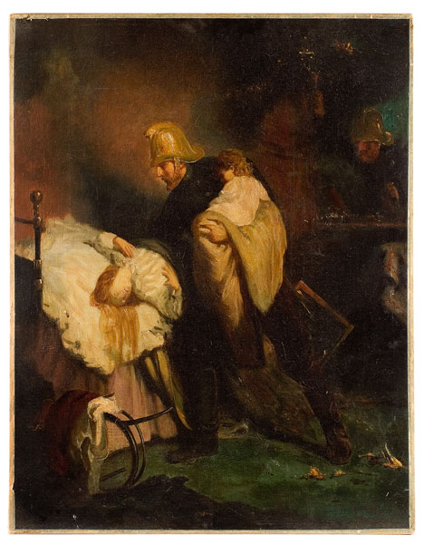 Painting, Fireman Rescuing Mother and Child, European, Image 1